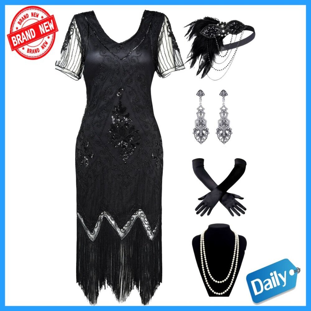 Fringed Sequin Flapper Dress Set 1920s Gatsby Costume Formal Party